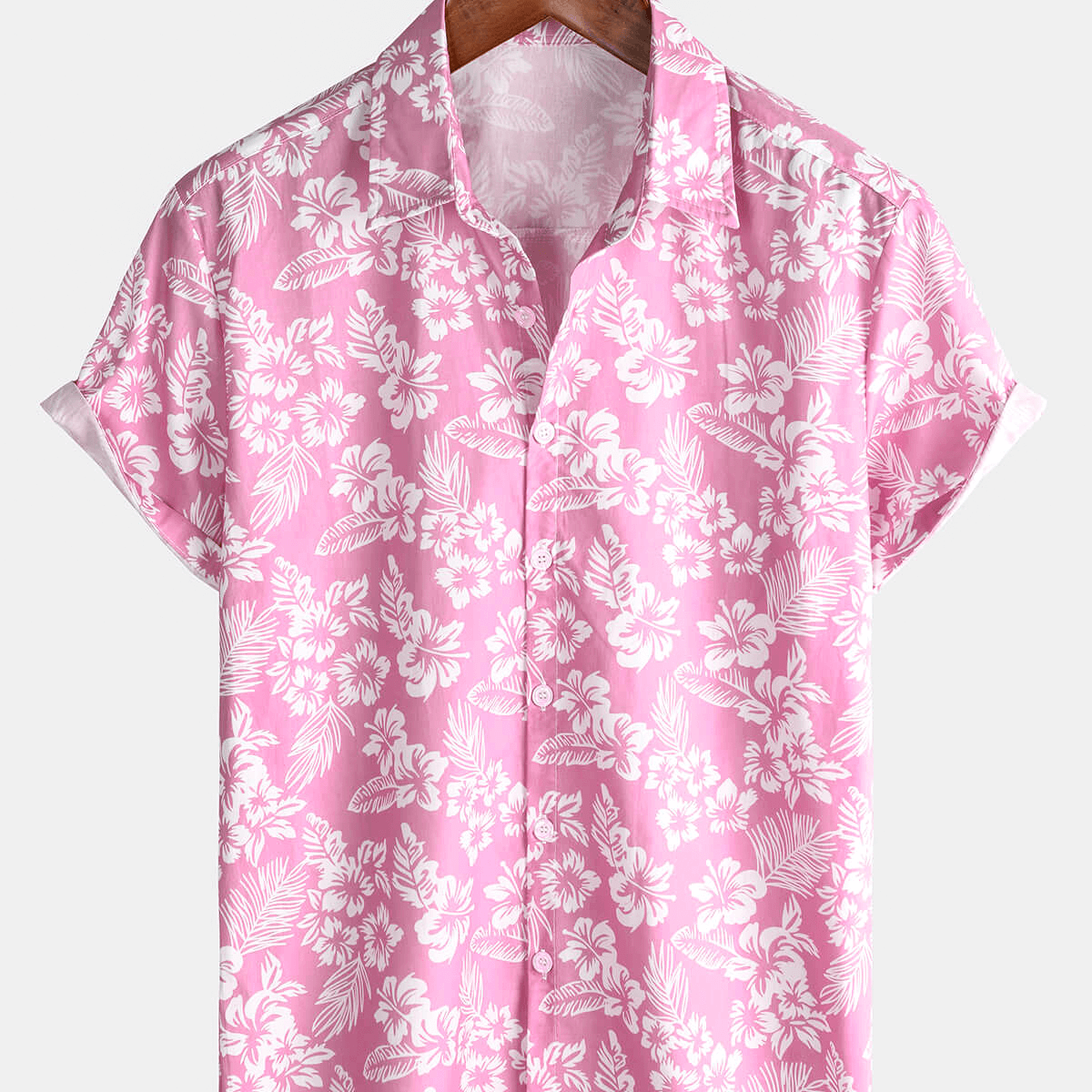 Camisa hawaiana de algodón rosa con botones y flores para verano de manga corta para hombre