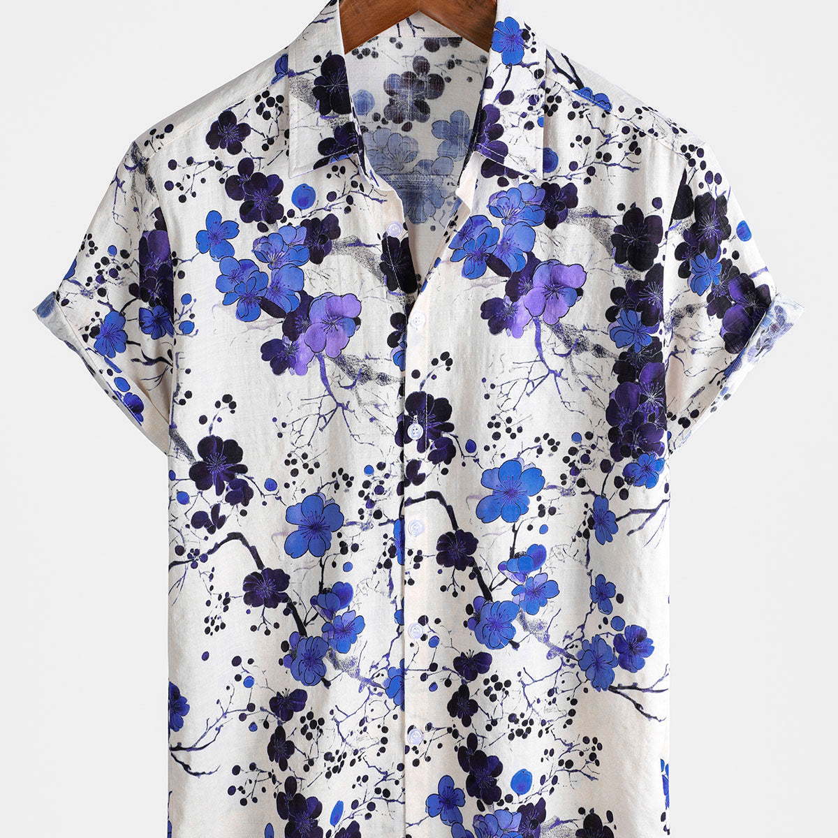 Camisa de manga corta retro de verano con estampado floral azul para hombre