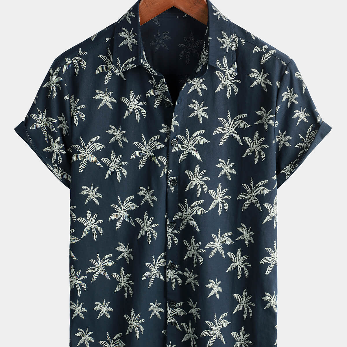 Camisa hawaiana de manga corta con botones y estampado de palmeras de algodón azul marino para hombre