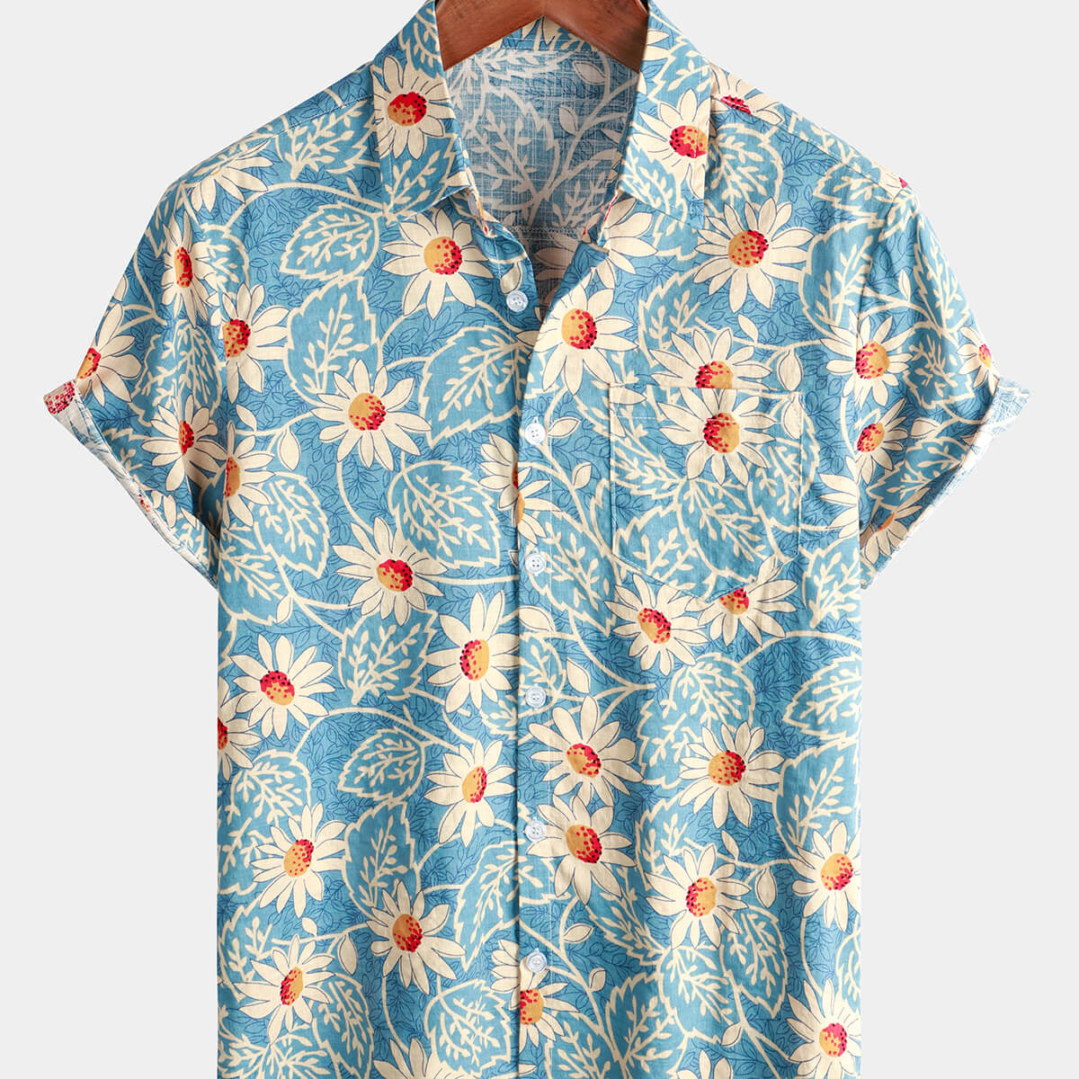 Camisa hawaiana de algodón con estampado floral azul retro para hombre
