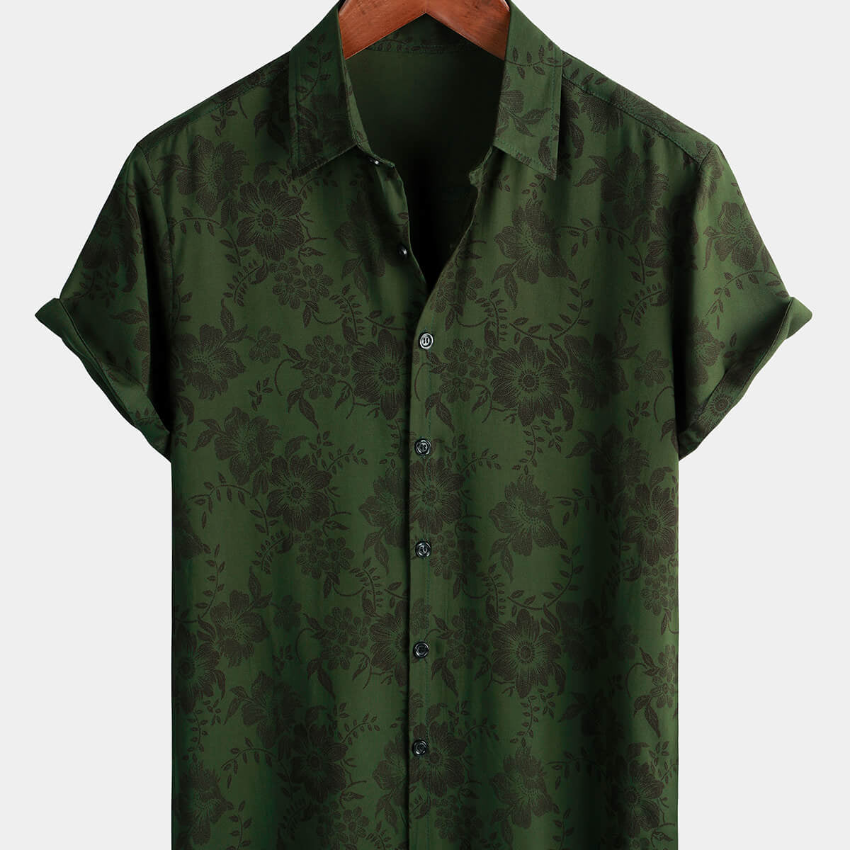 Camisa hawaiana de manga corta con estampado floral verde oscuro vintage para hombre