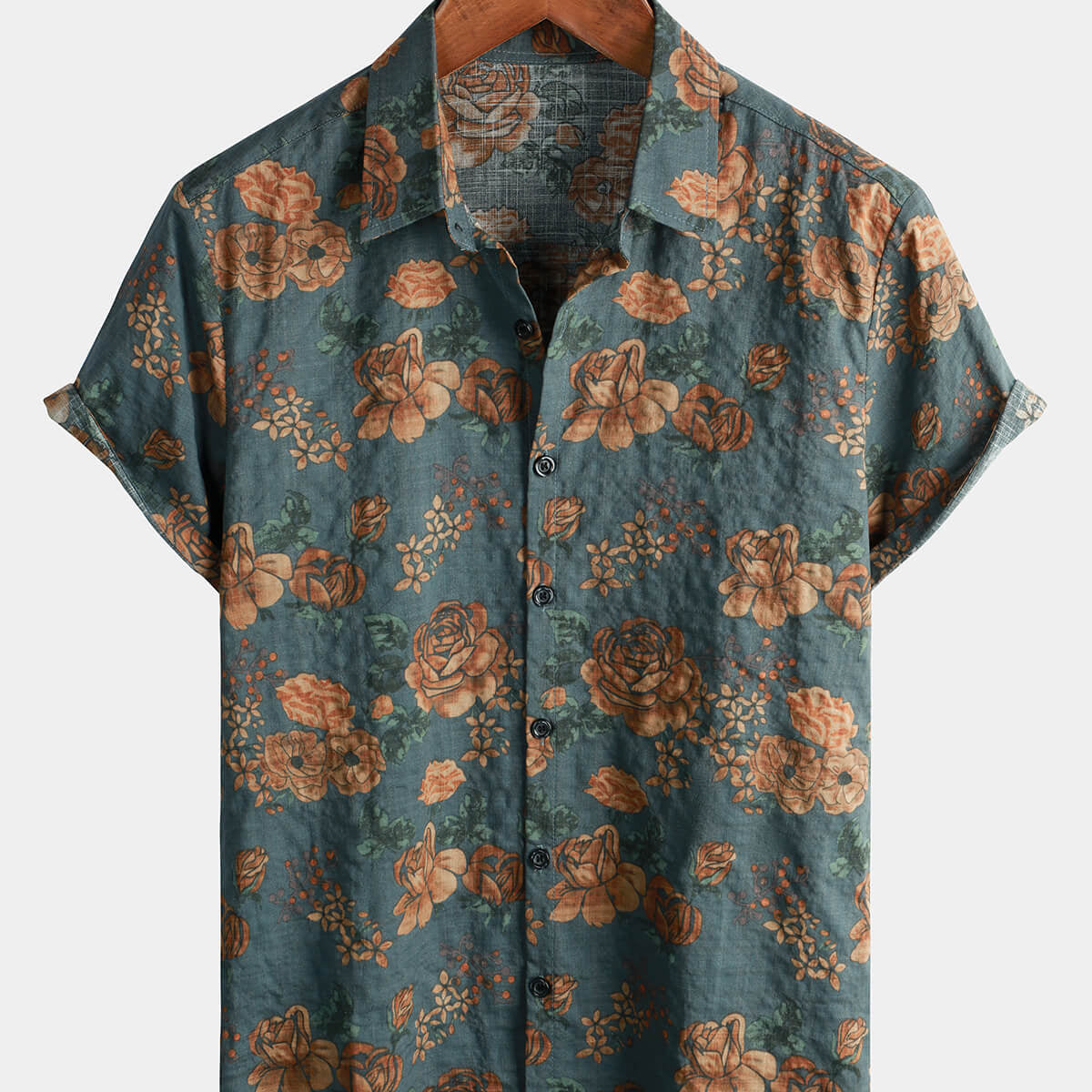 Camisa de manga corta con botones estilo retro floral vintage para hombre color azul para vacaciones de verano