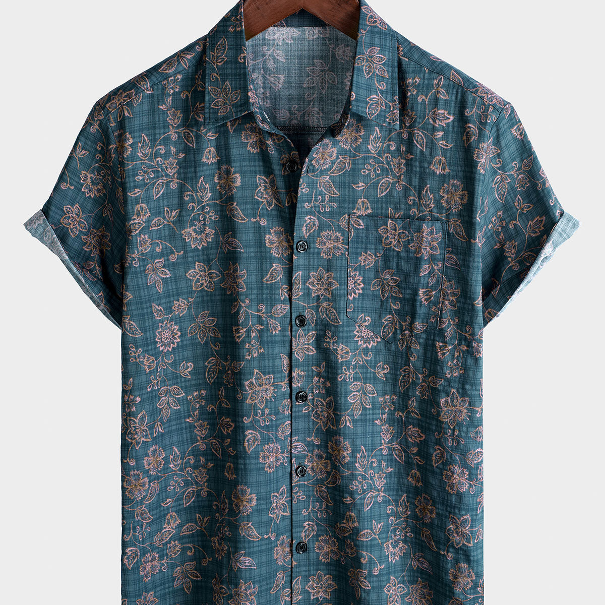 Camisa de manga corta de algodón transpirable con estampado floral vintage para hombre