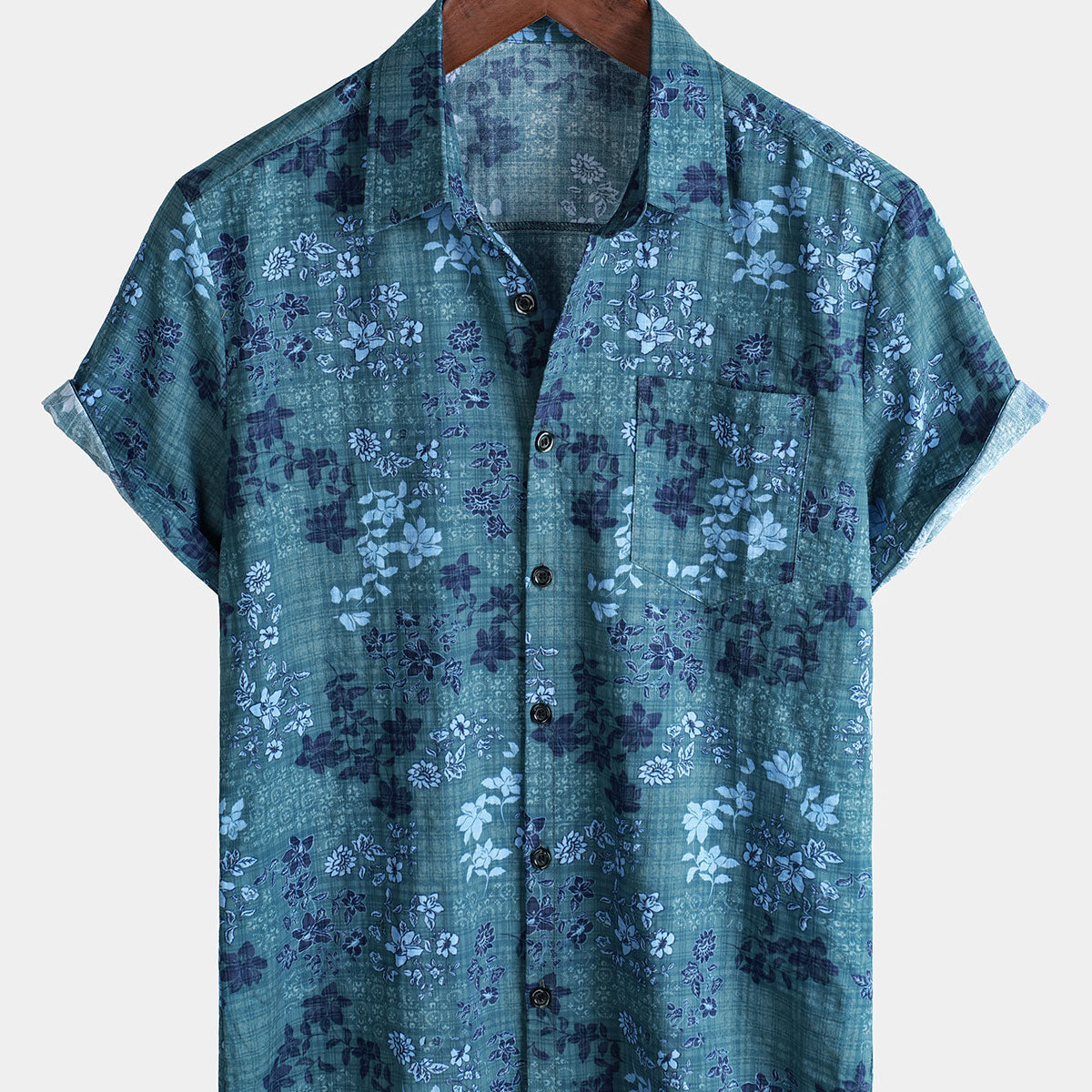 Camisa retro informal de manga corta con bolsillo y estampado floral azul para hombre