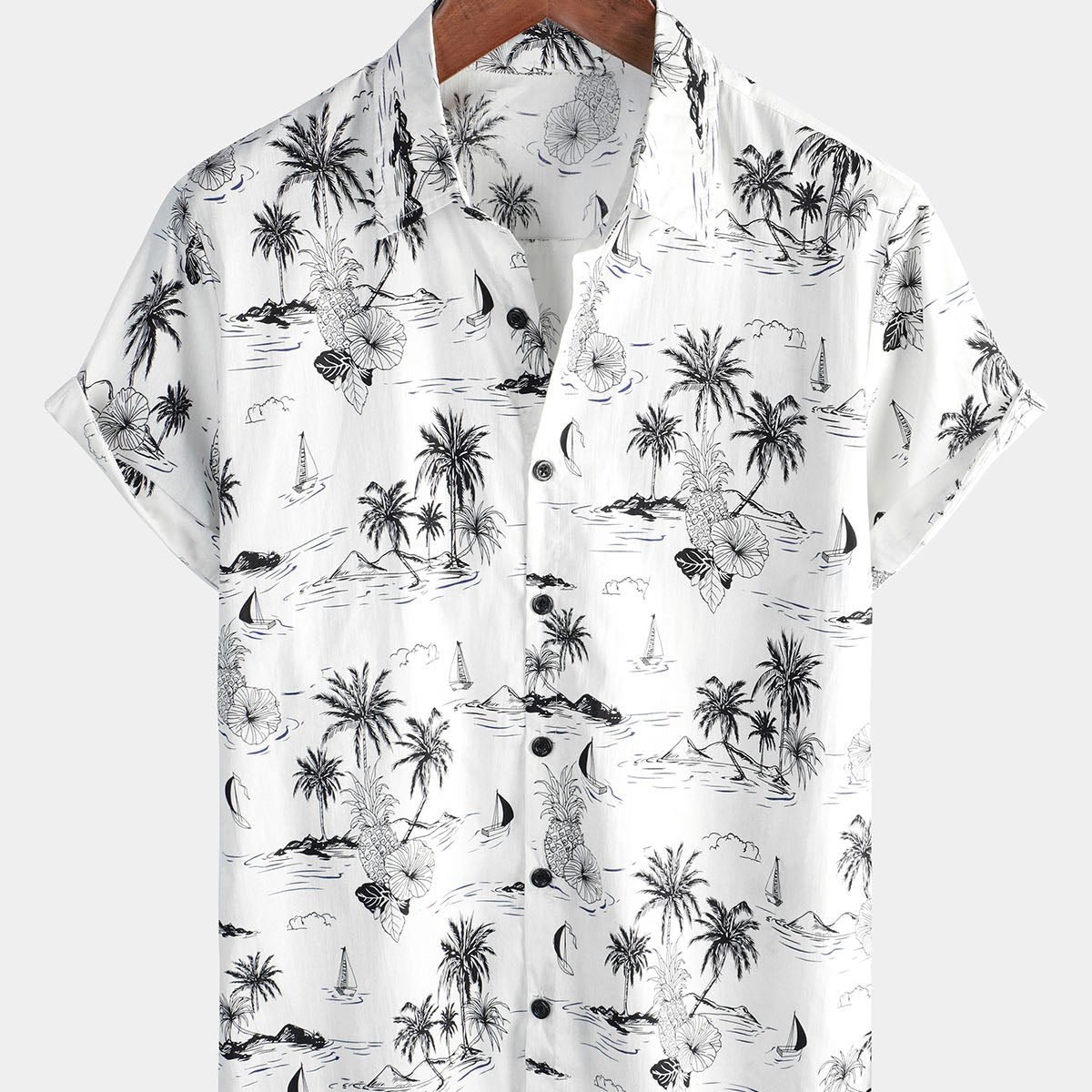 Camisa hawaiana de manga corta blanca con estampado de palmeras y piña tropical para hombre