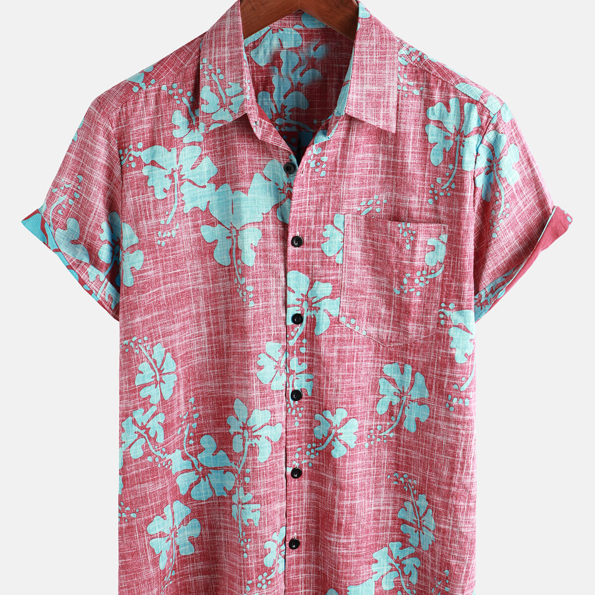 Camisa hawaiana tropical de playa con botones y manga corta con estampado floral vintage rojo para hombre