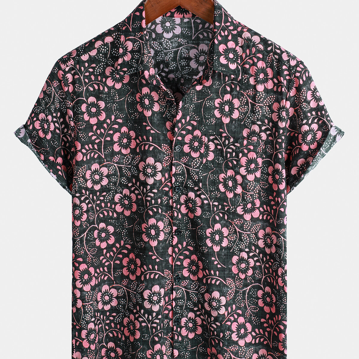 Camisa hawaiana de manga corta con bolsillo floral rosa para hombre