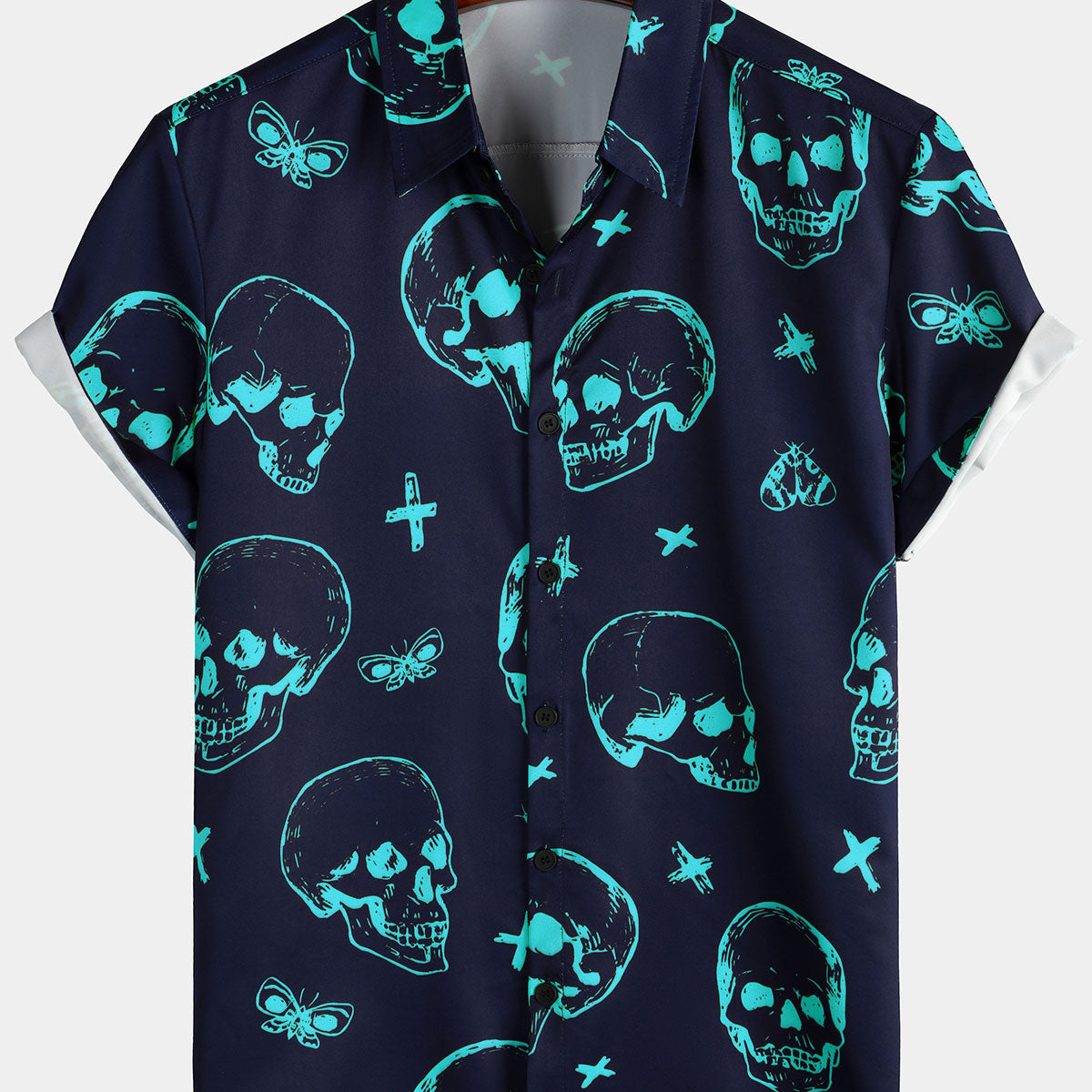 Camisa hawaiana de manga corta con botones y estampado artístico de calavera azul para hombre