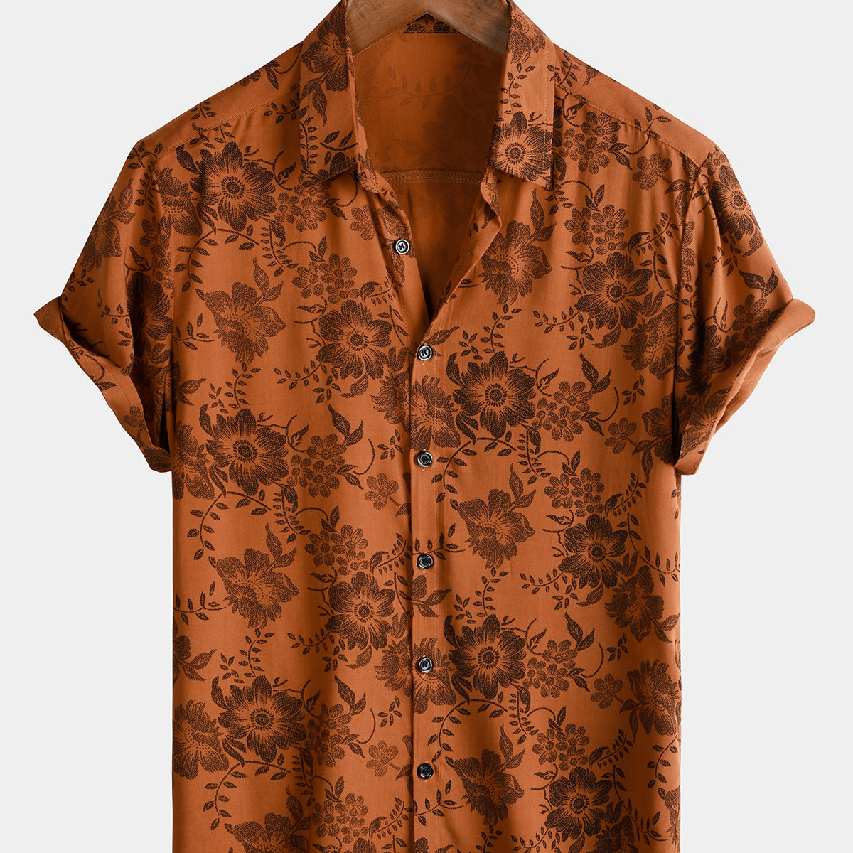 Camisa de manga corta con estampado floral vintage marrón para hombre