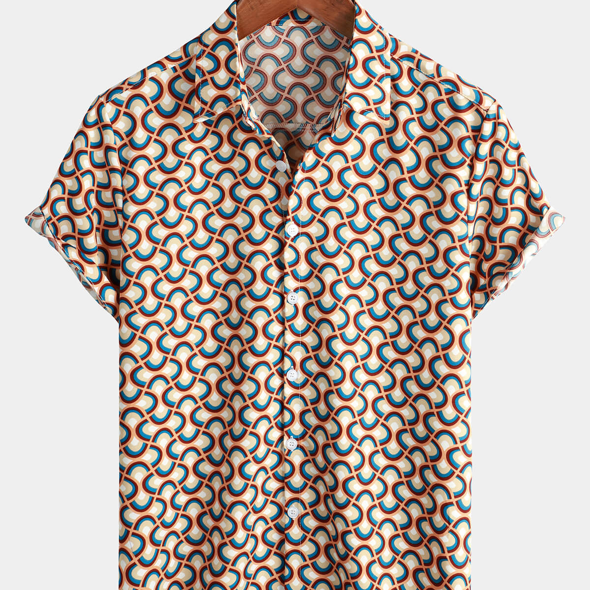 Camisa de verano estilo playa de manga corta con estampado geométrico circular retro vintage para hombre