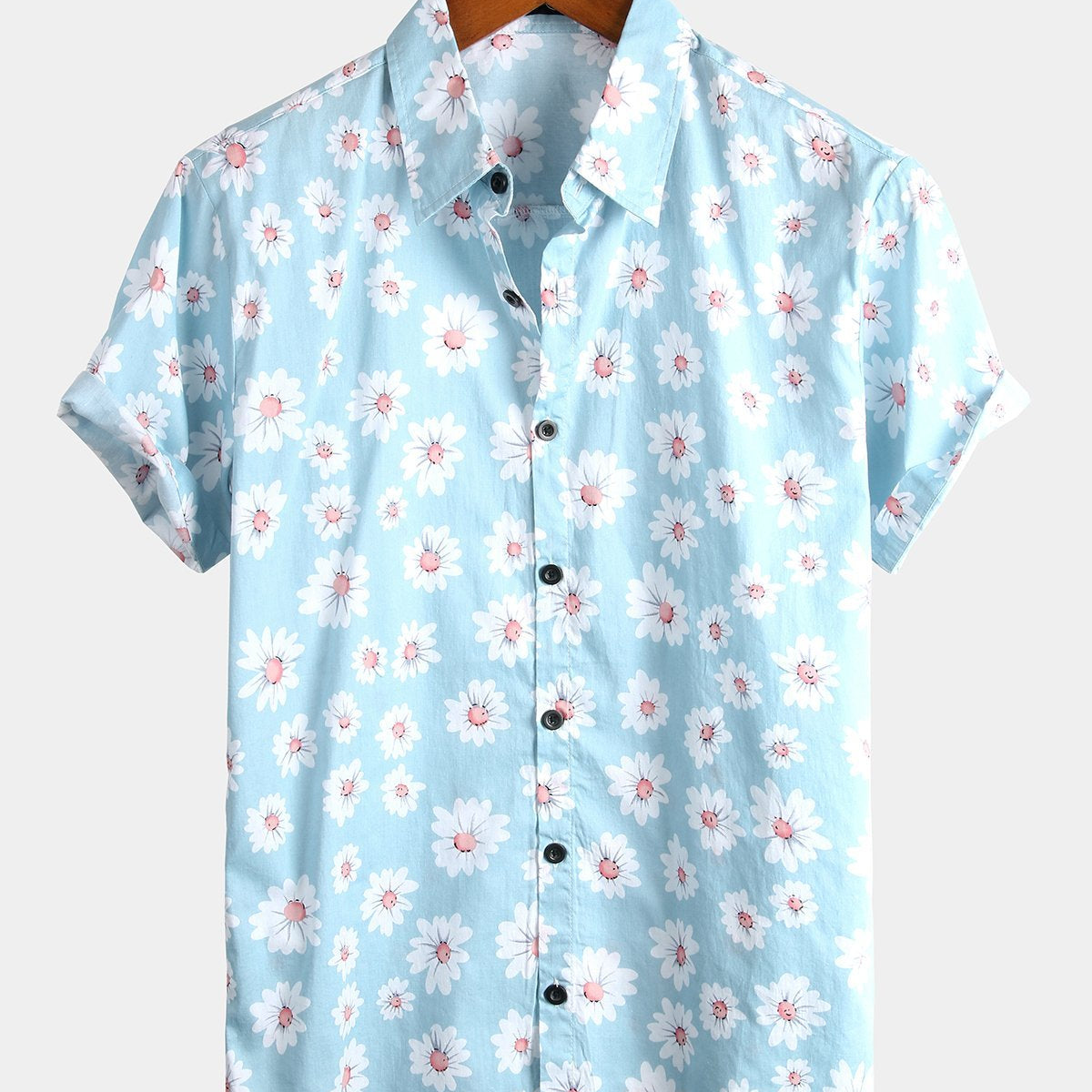 Camisa hawaiana de algodón de manga corta con estampado floral de margaritas para hombre