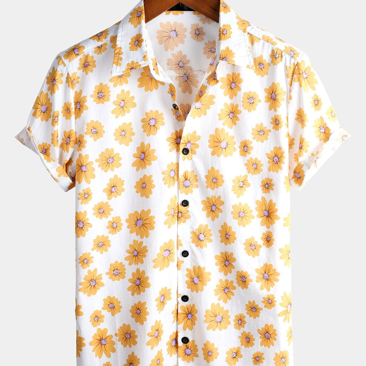 Camisa hawaiana de algodón de manga corta con estampado floral de margaritas para hombre