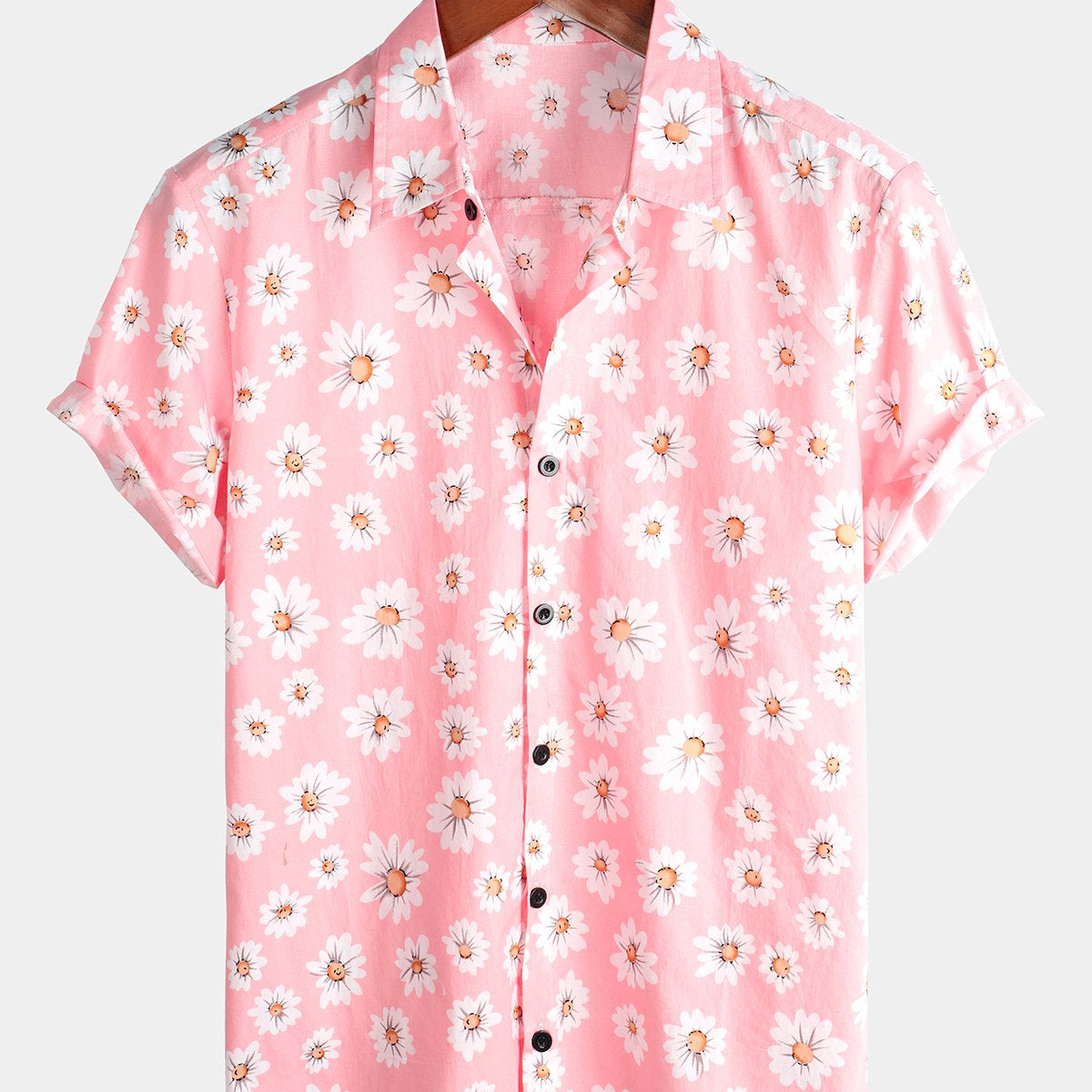 Camisa de algodón hawaiana tropical con estampado floral de margaritas rosas para hombre
