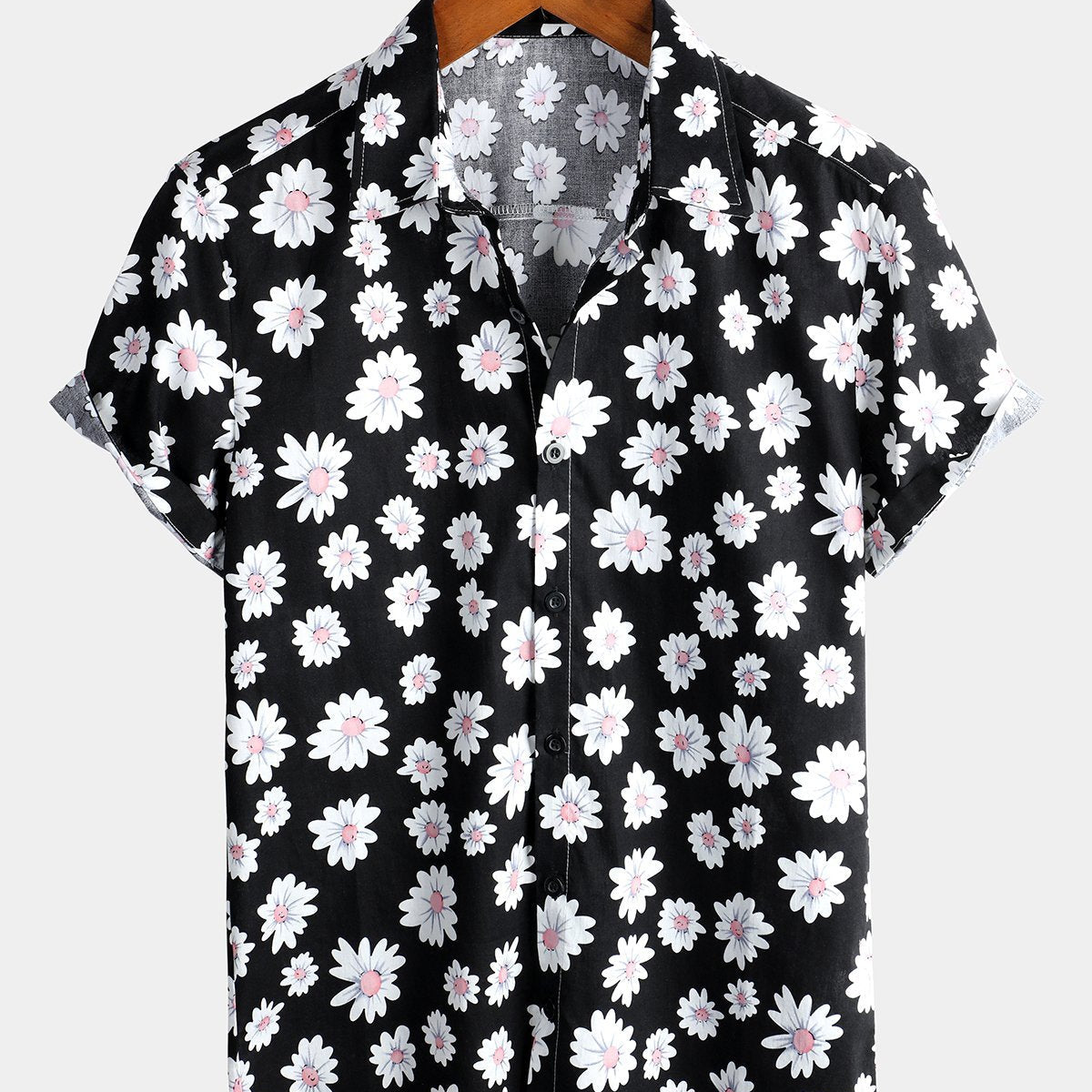 Camisa hawaiana de algodón de manga corta con estampado floral de margaritas para hombre