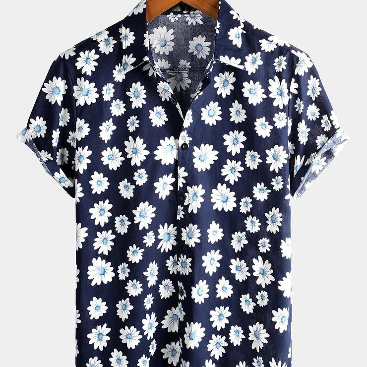 Camisa hawaiana de algodón de manga corta con estampado floral de margaritas para hombre
