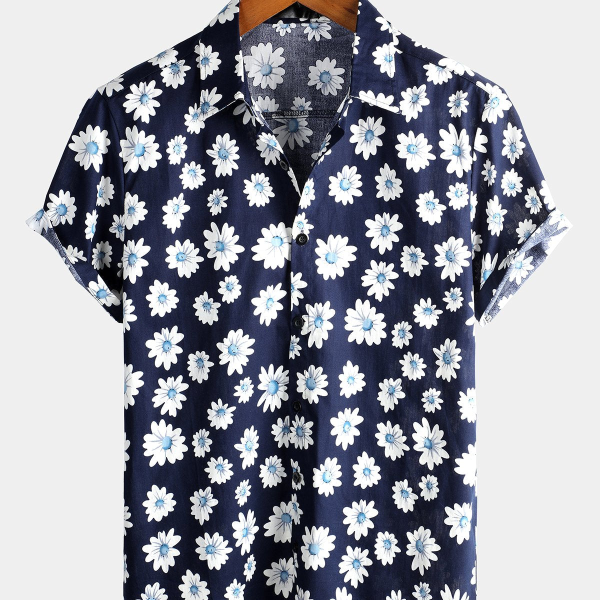 Camisa de algodón hawaiana tropical con estampado floral de margaritas para hombre