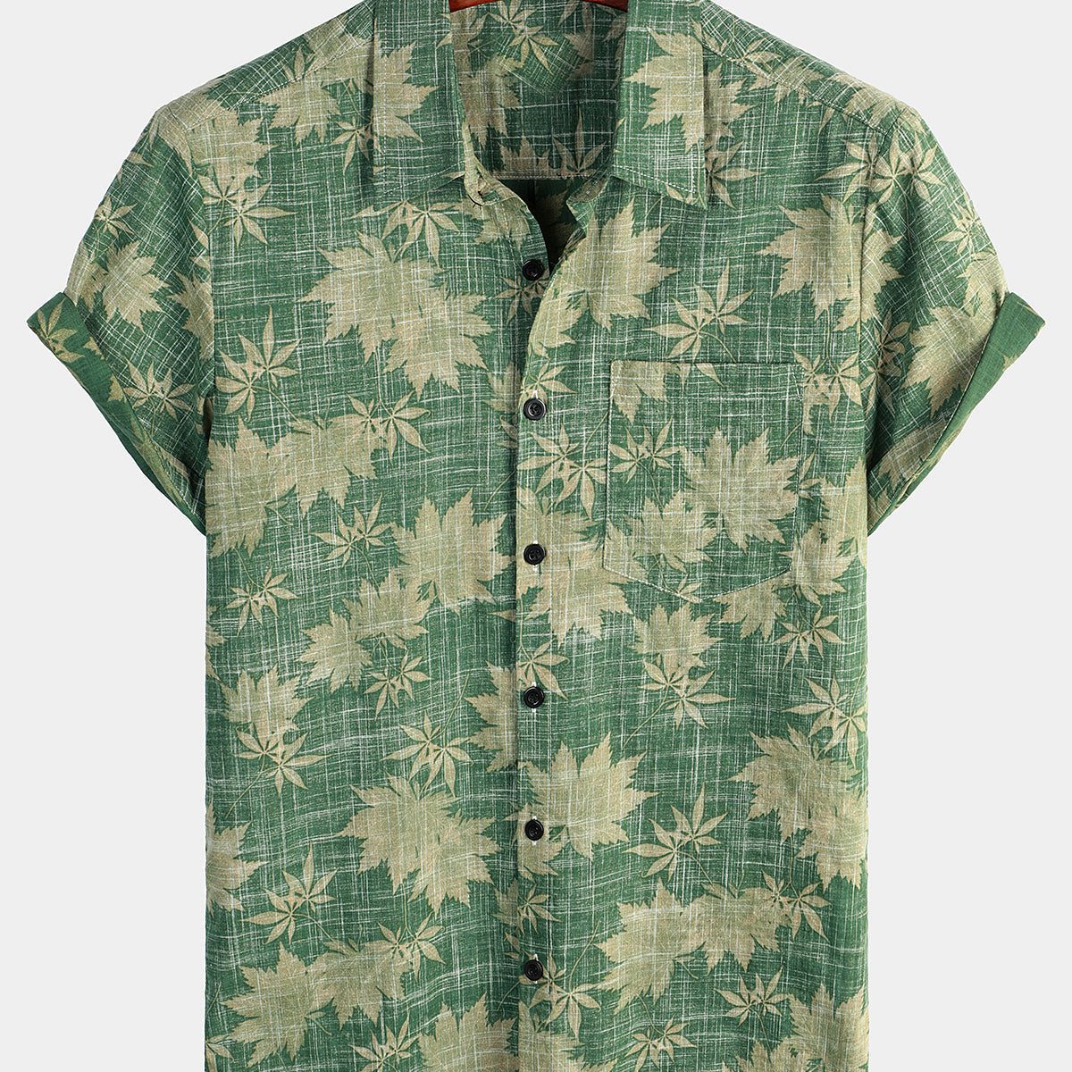 Camisa hawaiana de manga corta con bolsillo y diseño retro de hojas para hombre