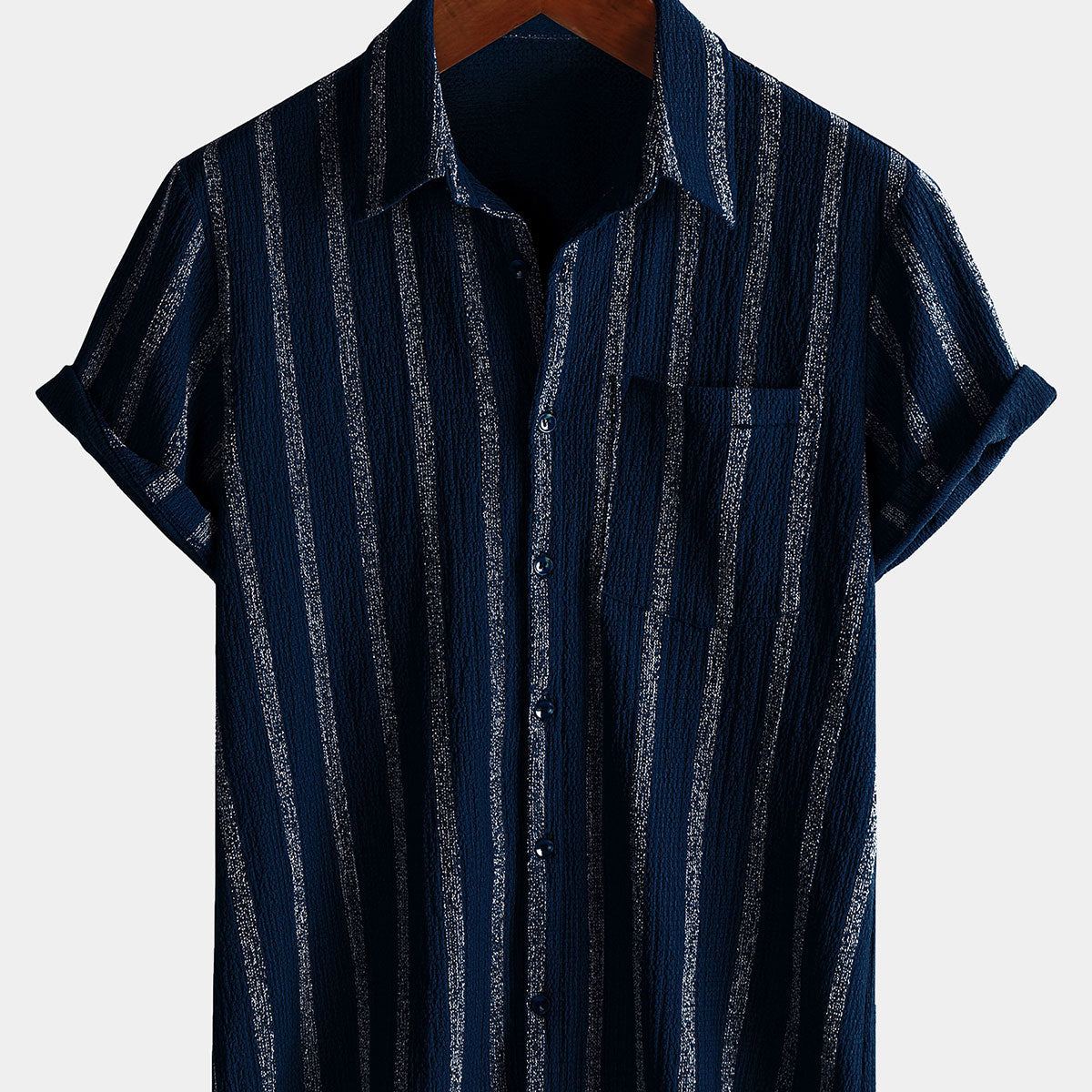 Camisa hawaiana de manga corta con botones y bolsillo a rayas de verano para hombre