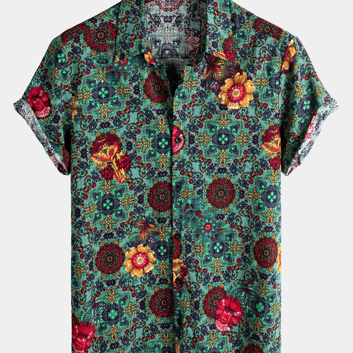 Camisa hawaiana de algodón de manga corta con estampado floral vintage para hombre