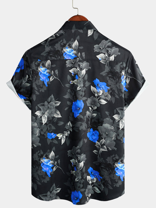 Camisa de manga corta con estampado floral azul de verano para hombre para vacaciones en la playa