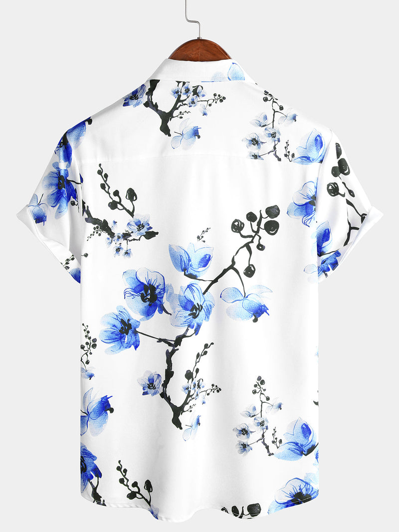 Camisa informal de verano con estampado floral azul y manga corta con botones y flores de cerezo para hombre