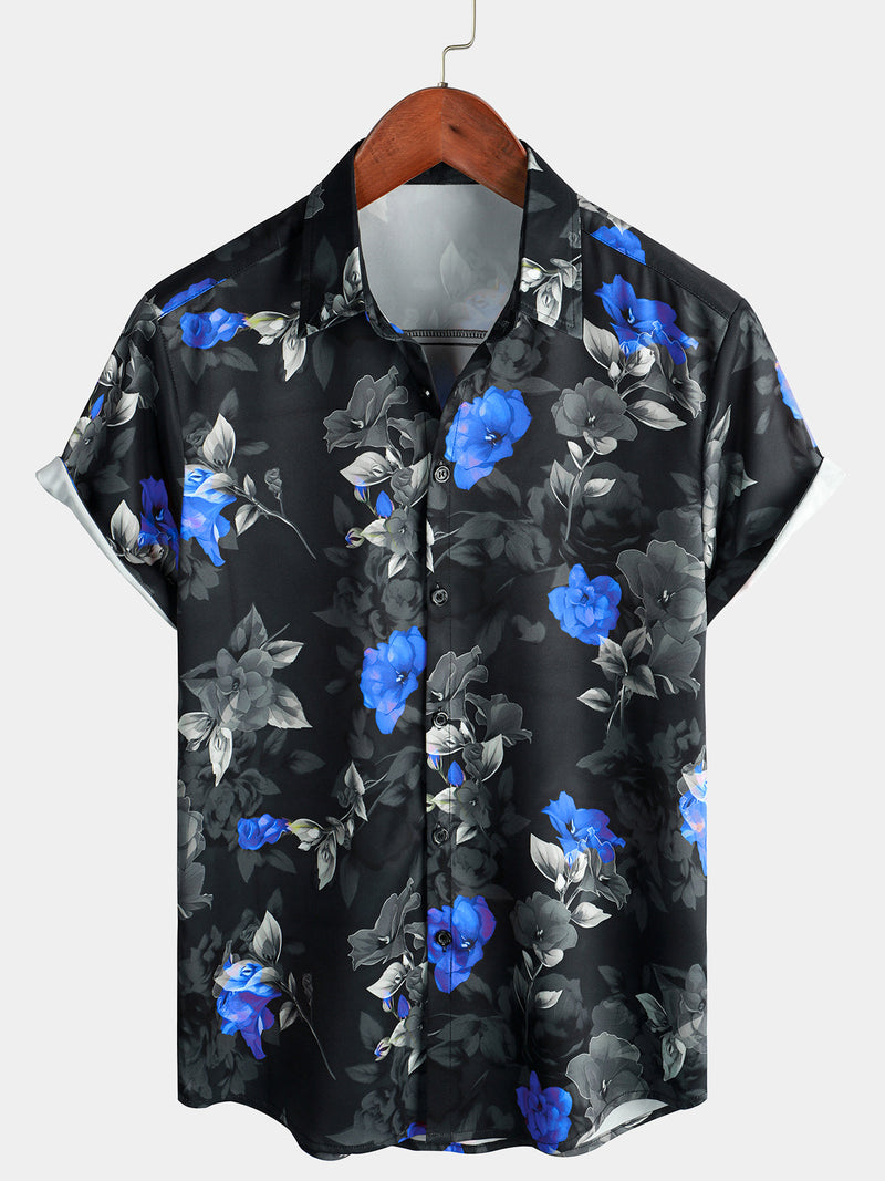 Camisa de manga corta con estampado floral azul de verano para hombre para vacaciones en la playa