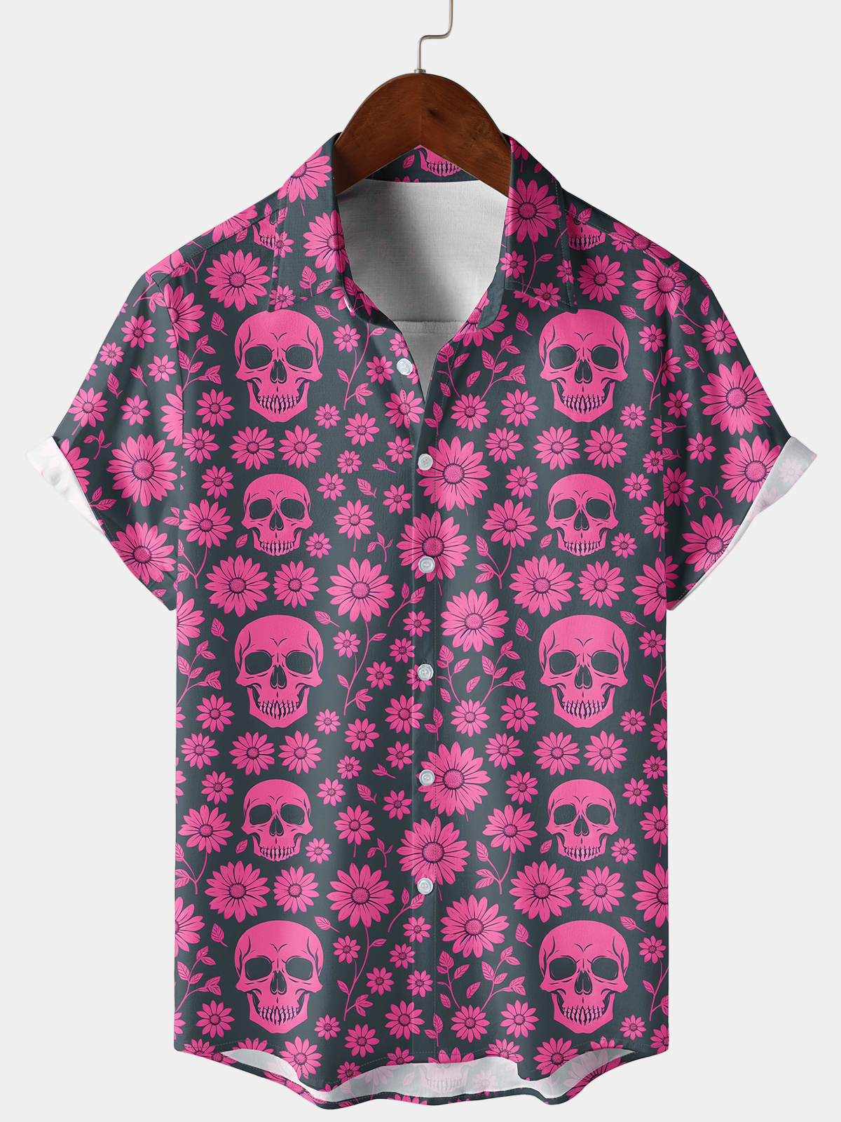 Camisa de manga corta con calavera y margaritas de verano para hombre