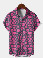 Camisa de hombre de verano de manga corta con estampado de calaveras rosas y margaritas con botones ideal para vacaciones