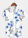 Camisa informal de verano con estampado floral azul y manga corta con botones y flores de cerezo para hombre