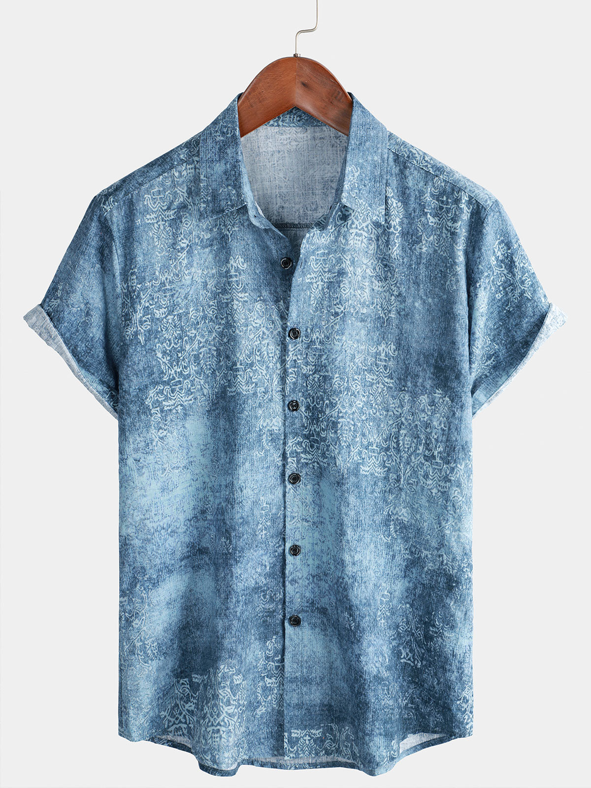 Camisa de verano con botones de manga corta de algodón azul claro vintage para hombre