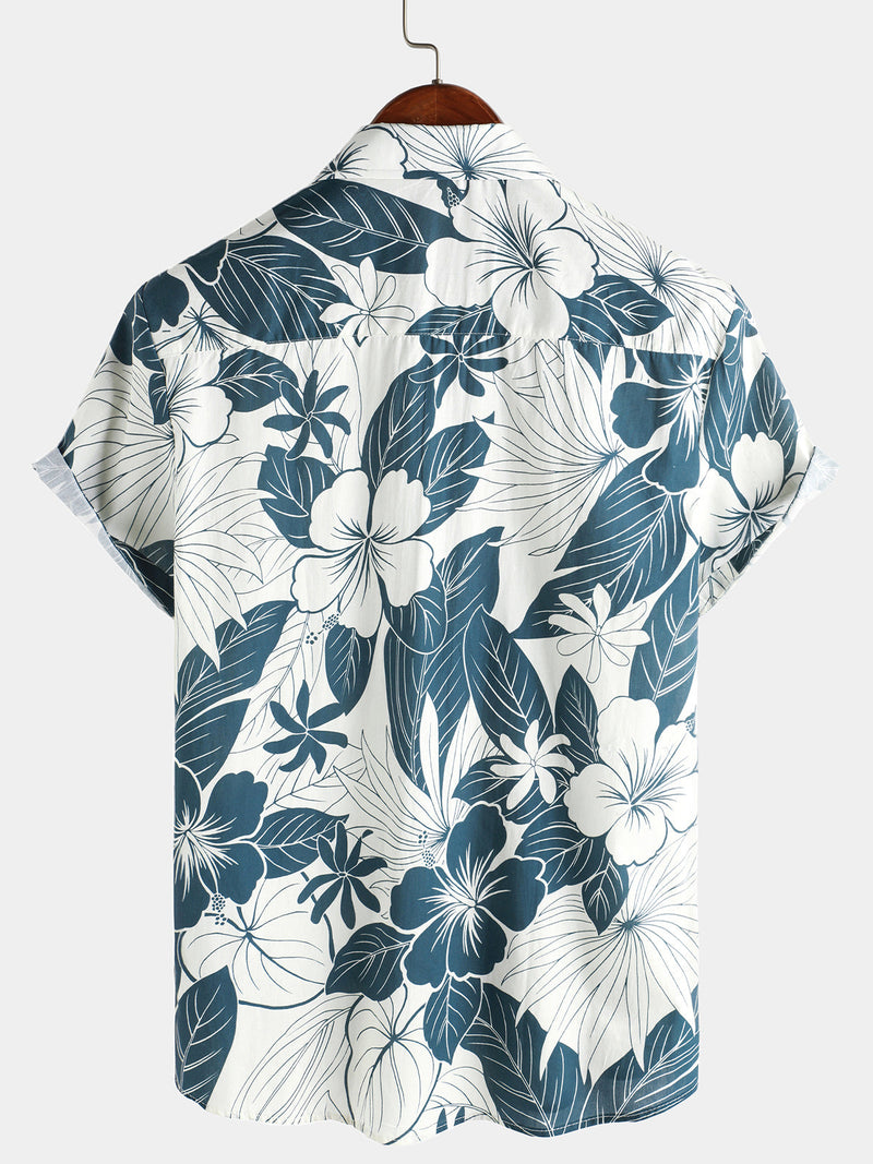 Camisa hawaiana de playa de manga corta con botones y estampado floral 100 % algodón para hombre
