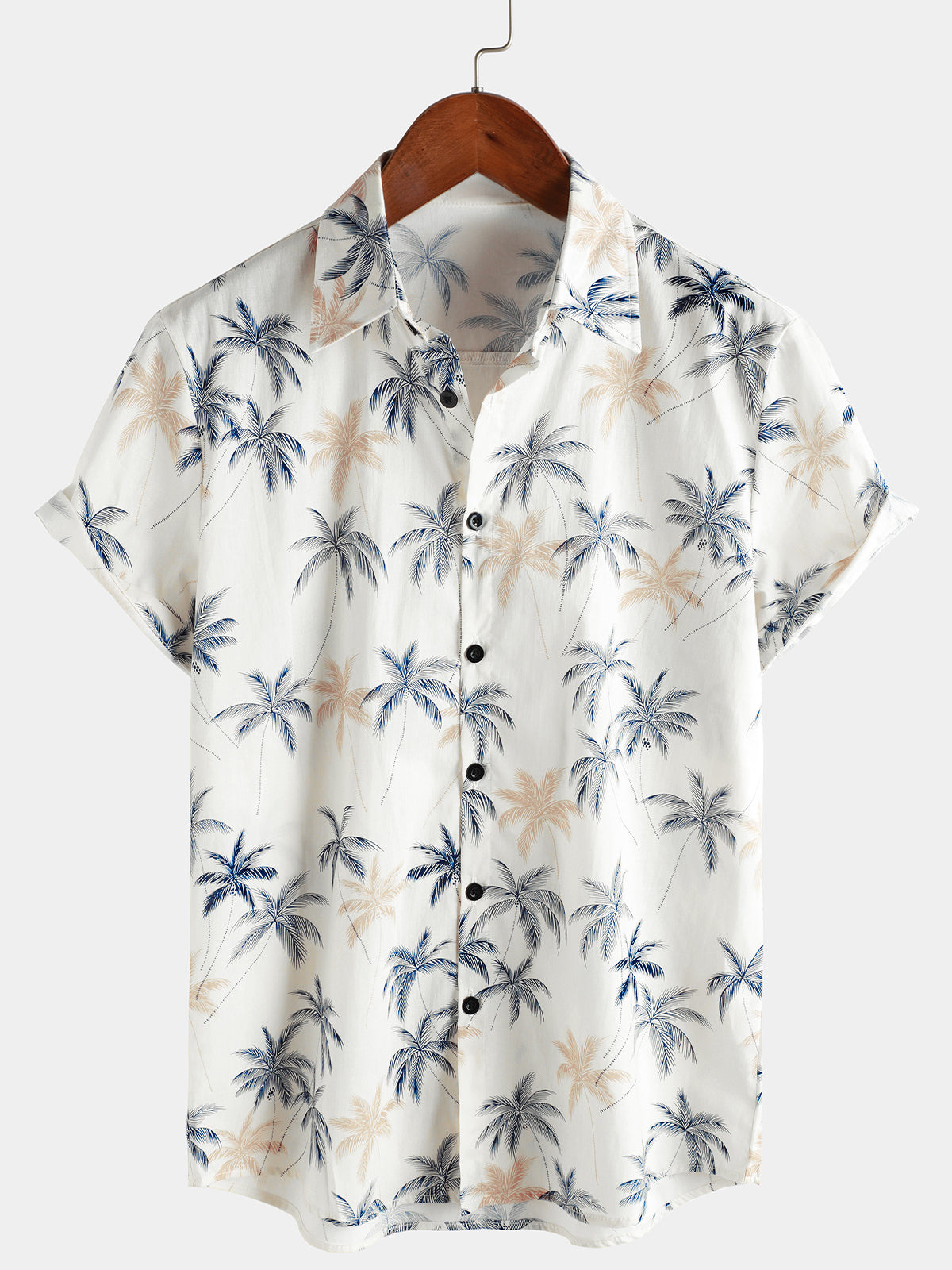 Camisa playera de manga corta con botones y estampado de palmeras hawaianas 100 % algodón para hombre