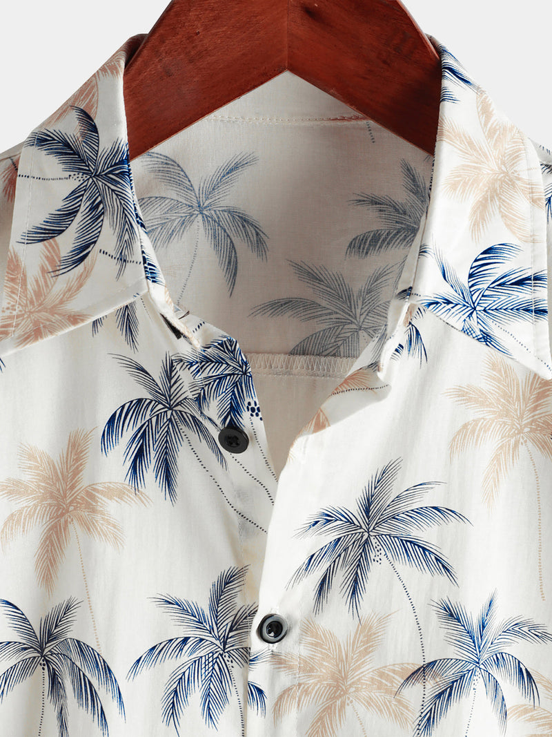 Camisa playera de manga corta con botones y estampado de palmeras hawaianas 100 % algodón para hombre