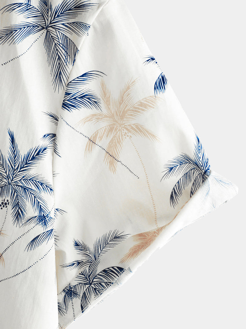Camisa playera de manga corta con botones y estampado de palmeras hawaianas 100 % algodón para hombre