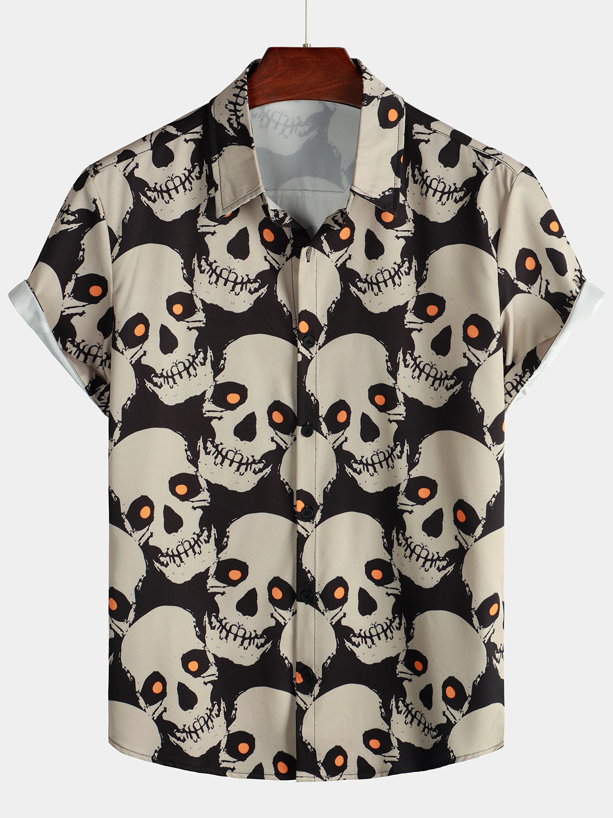 Camisa hawaiana de manga corta con diseño punk rock y calavera negra para hombre