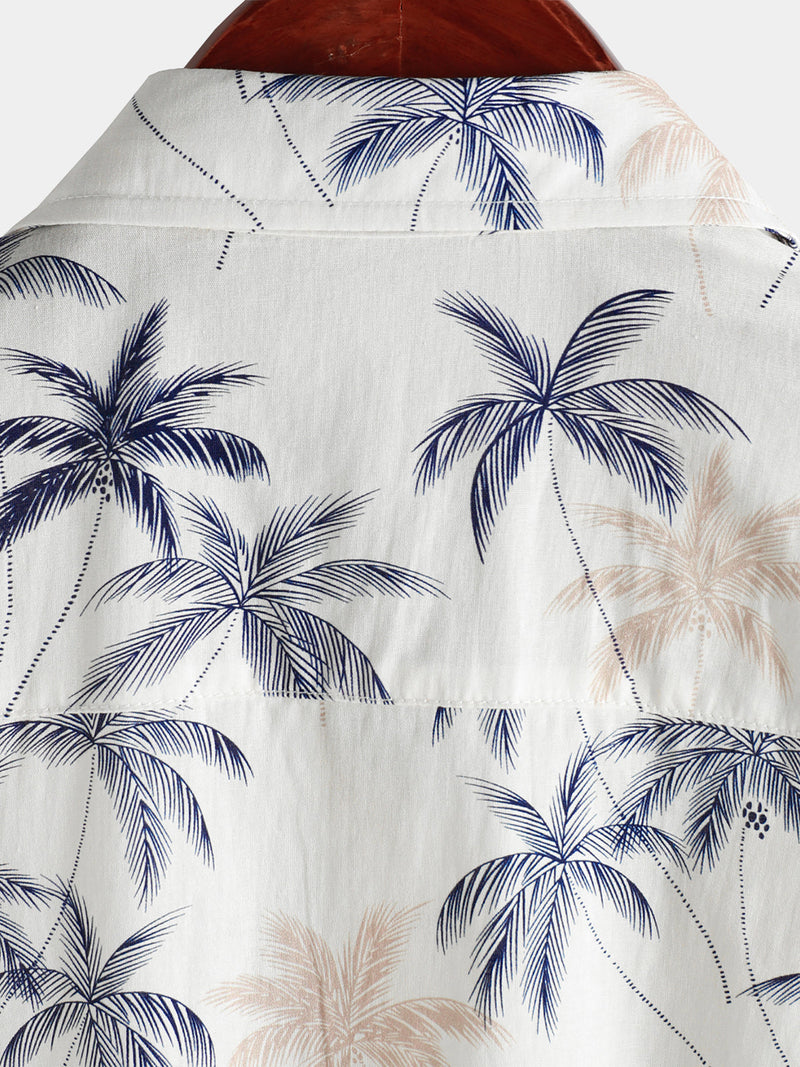 Camisa playera de manga corta con botones y estampado de palmeras hawaianas 100 % algodón para hombre