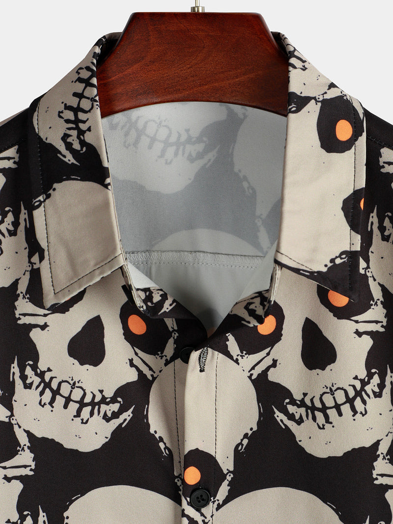 Camisa hawaiana de hombre de manga corta con botones y estampado gráfico de calaveras en negro estilo punk rock