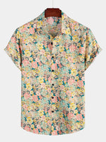 Camisa casual de manga corta de algodón con botones y estampado floral para hombres