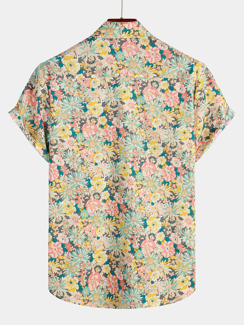 Camisa casual de manga corta de algodón con botones y estampado floral para hombres