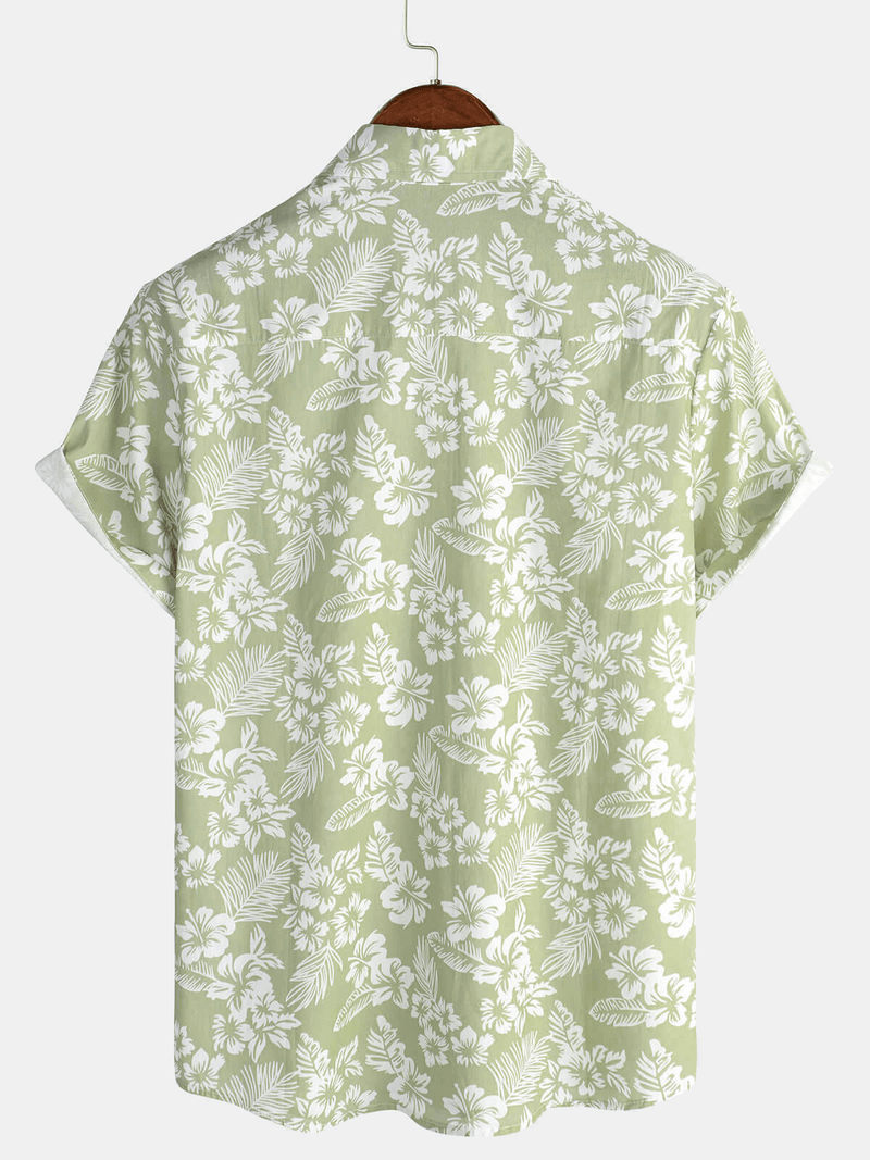 Camisa de manga corta con botones y estampado floral de algodón verde hawaiano para hombre