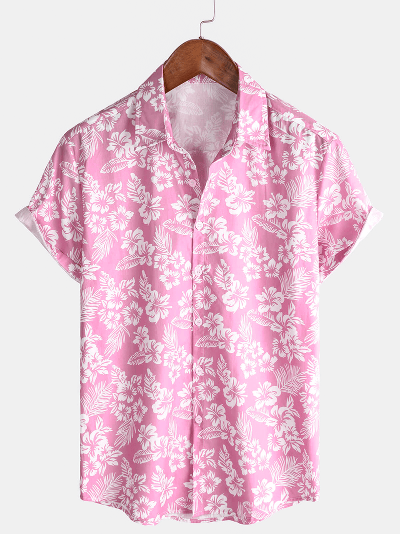 Camisa hawaiana de algodón rosa con botones y flores para verano de manga corta para hombre