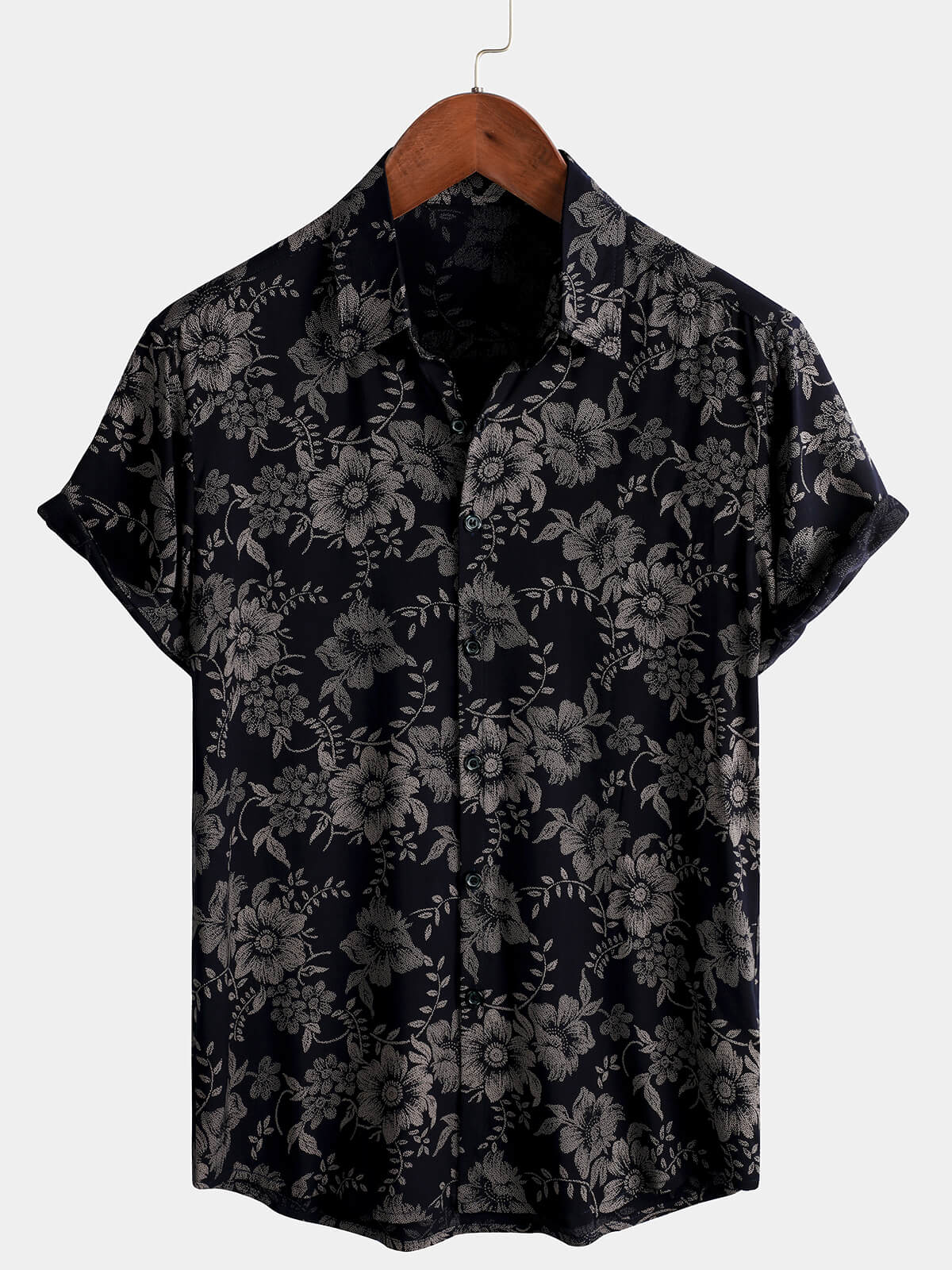 Camisa hawaiana vintage con estampado floral azul marino para hombre