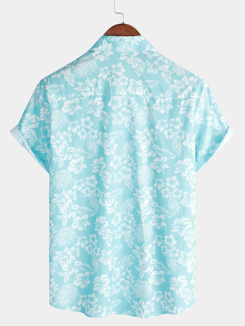 Camisa de manga corta con estampado floral hawaiano azul para hombre