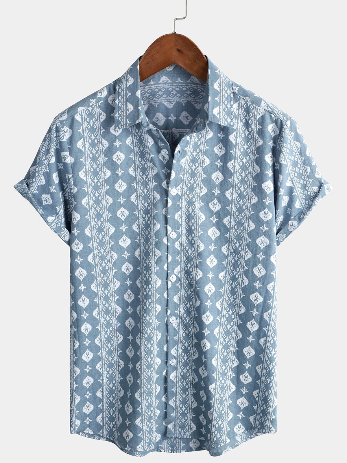 Camisa de algodón a rayas de manga corta azul retro de verano para hombre