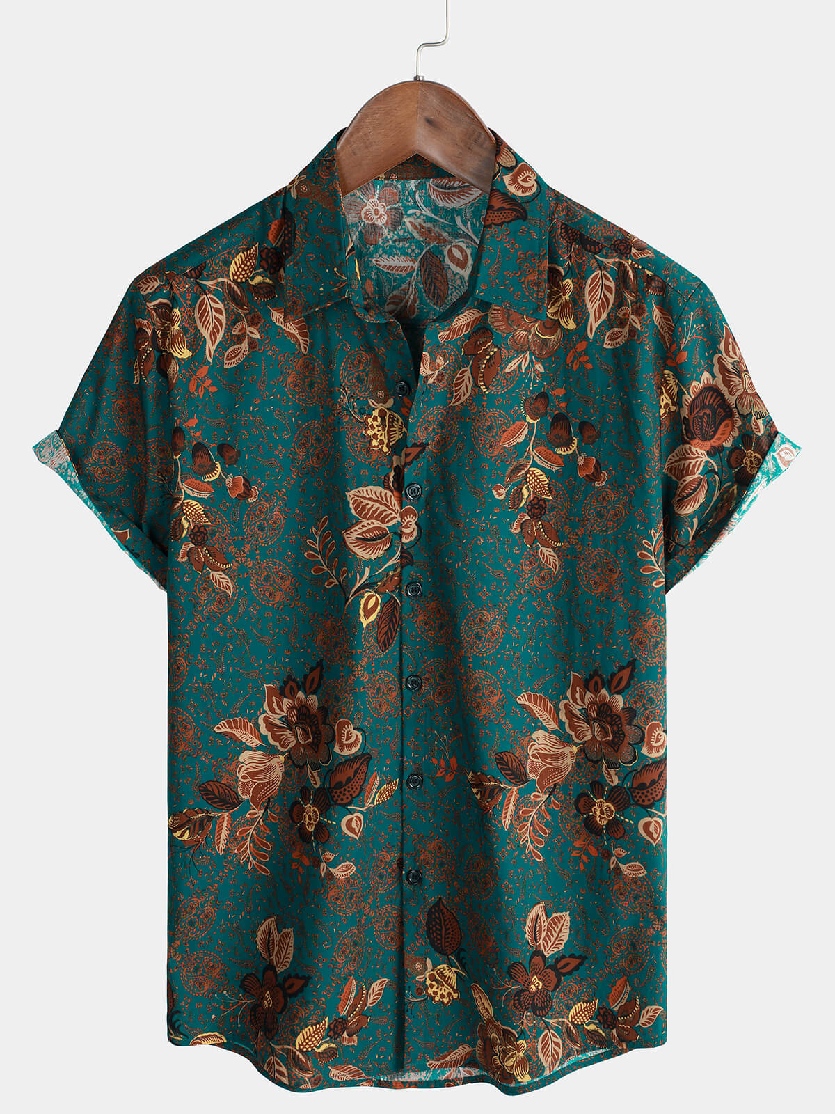 Camisa de manga corta con botones y estampado floral hawaiano de algodón verde vintage para hombre