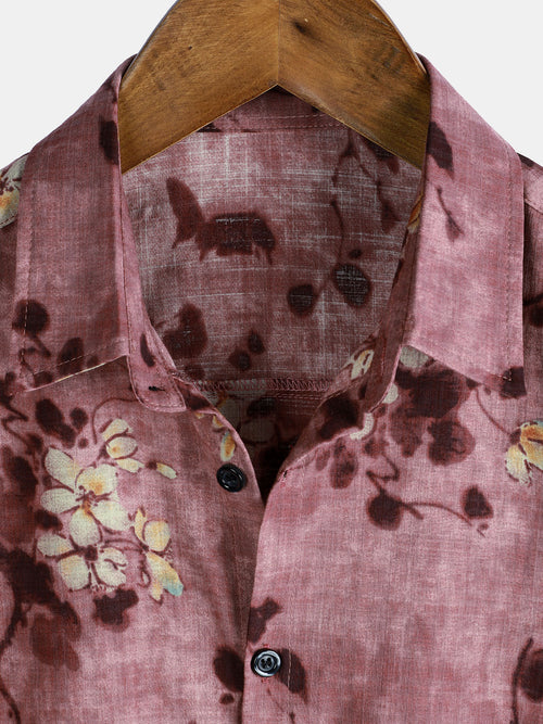 Camisa de manga corta de algodón con estampado floral vintage para hombre