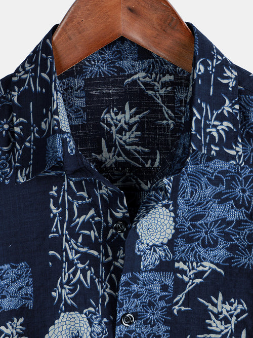 Camisa de manga corta de verano con estampado floral azul marino retro para hombre