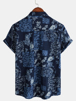 Camisa de manga corta de verano con estampado floral azul marino retro para hombre