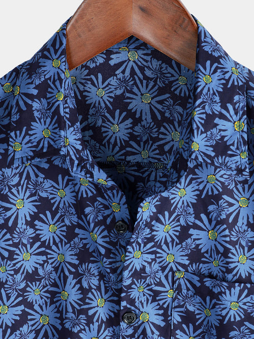 Camisa de algodón de manga corta con bolsillo playero y diseño de margaritas para hombre