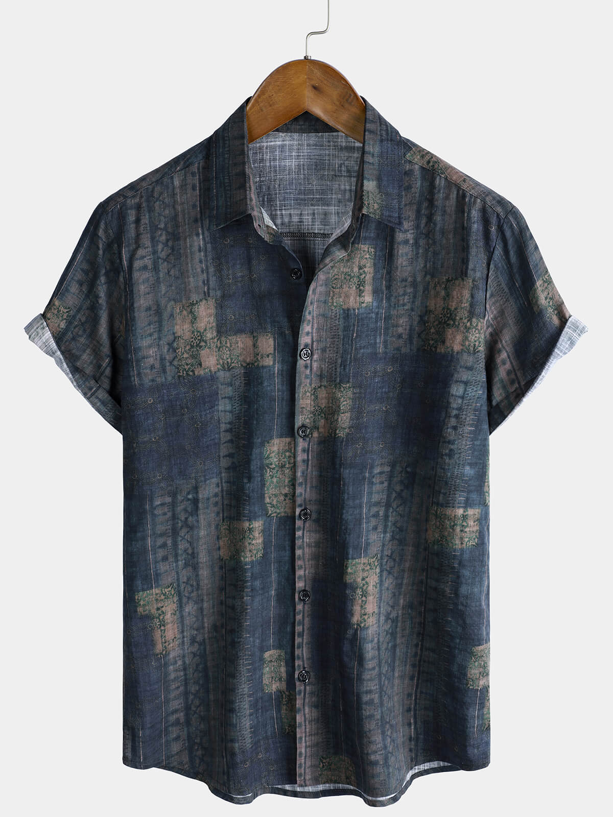 Camisa informal vintage de manga corta con estampado de patchwork de verano para hombre